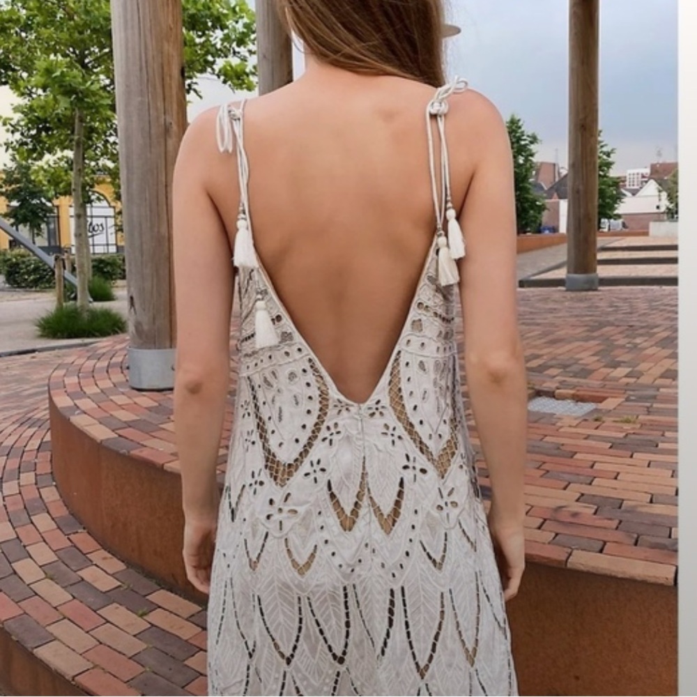 Free People PYT cream lace tassel tie boho festival Cream and Brown Mini Dress - Picture 3 of 11